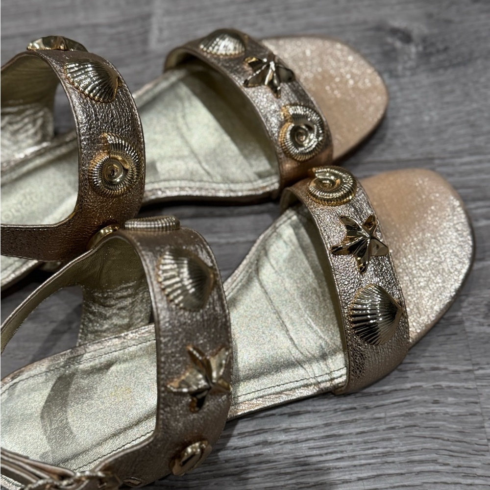 LARROUDE PREOWNED MADISON GOLD LEATHER SHELL SANDALS 6 ANTHROPOLOGIE - Picture 12 of 16